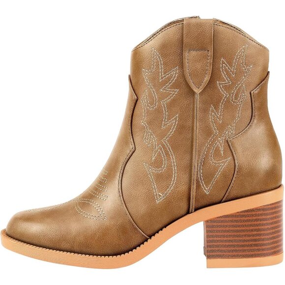 Women Polyurethane Mocha Embroidered Round Toe Short Ankle Chunky Heel Boot - Picture 7 of 7